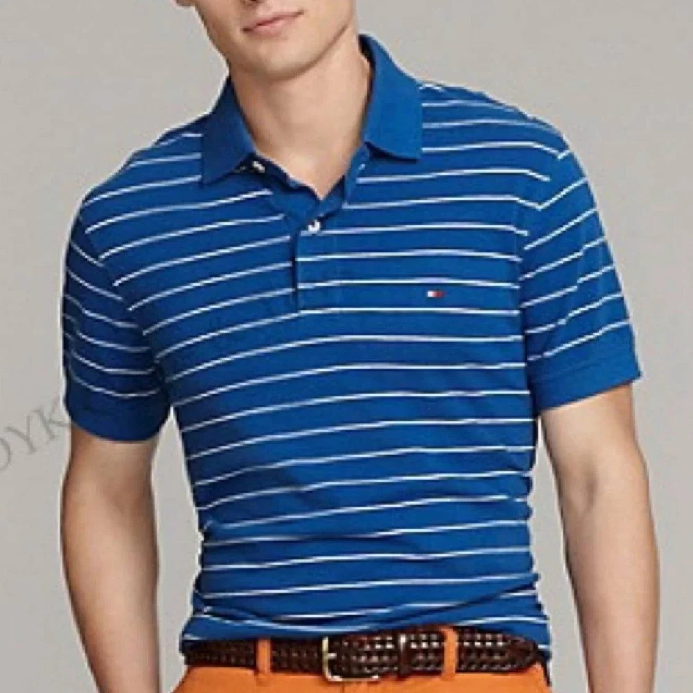 Tommy Hilfiger Polo Shirt Men's M Blue Cotton Blend Striped Classic Fit